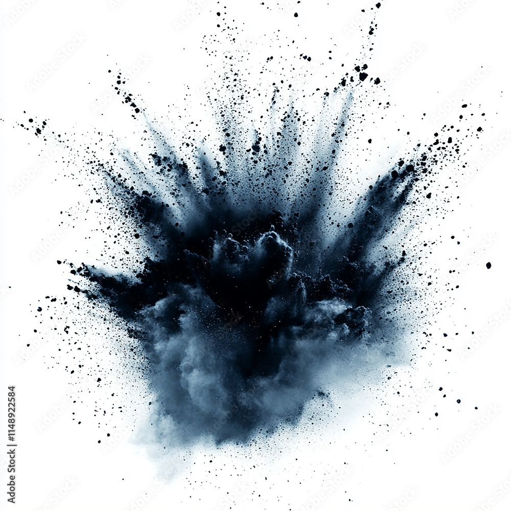 Dynamic Splash of Black Powder with Burst Effect on a White Background Dynamic Splash of Black Powder with Burst Effect on a White Background
