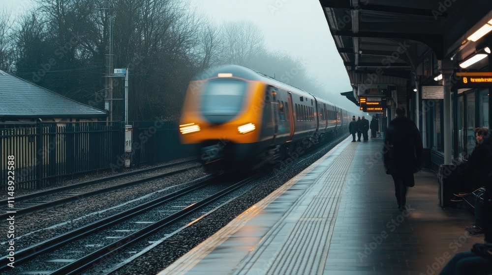 Fototapeta premium Blurred Train Passing Through a Foggy Train Station with Figures Waiting on a Platform in the Background During a Gloomy Winter Day