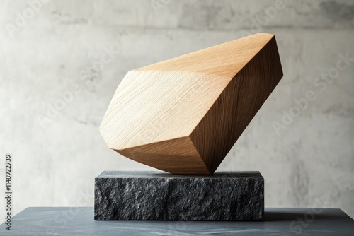 A geometric wooden sculpture rests on a dark stone base, showcasing contrasting textures and minimalist design. photo