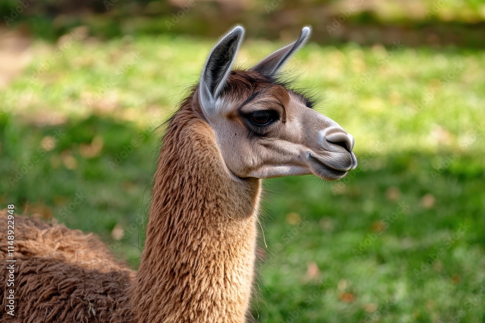 Obraz premium Detailed profile image of a brown llama on grass in Cordoba Argentina