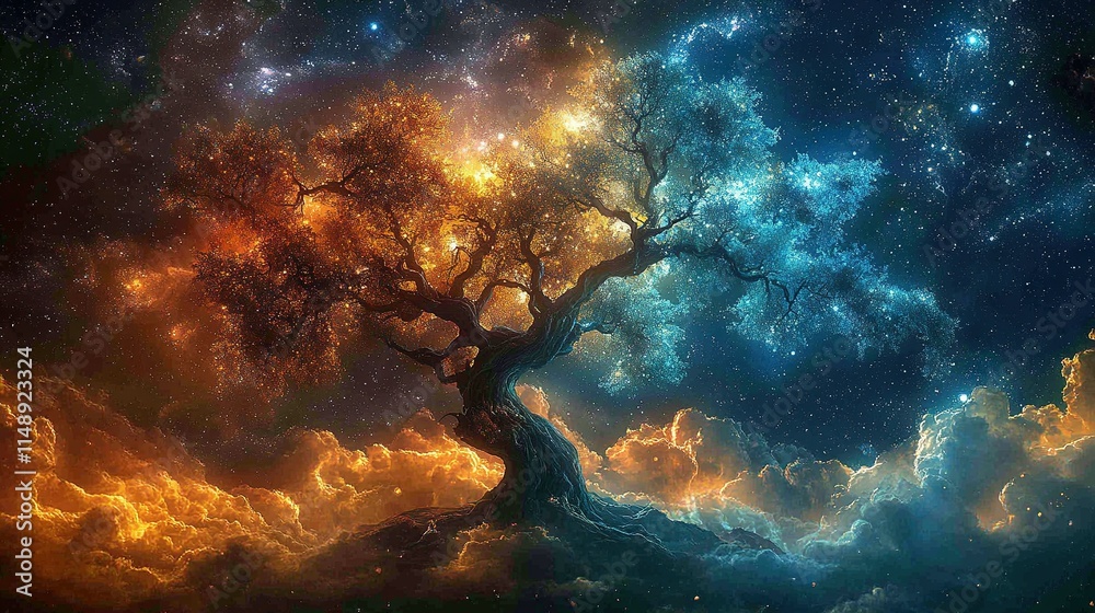 Obraz premium A midnight tree painting, featuring starry skies, cloudy backdrop