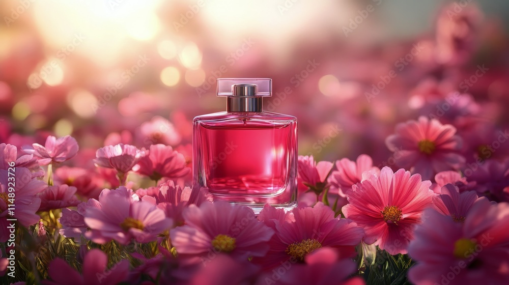 Elegant pink perfume bottle surrounded by floating rose petals on a soft pink background Elegant pink perfume bottle surrounded by floating rose petals on a soft pink background