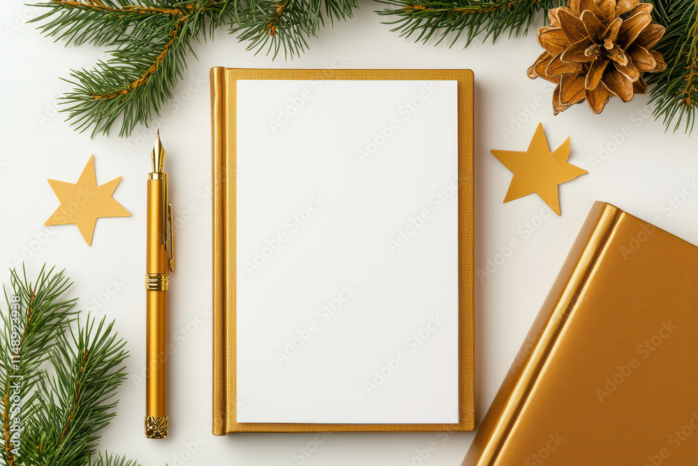 festive flat lay featuring blank notebook, golden pen, and decorative stars surrounded by pine branches and pine cone festive flat lay featuring blank notebook, golden pen, and decorative stars surrounded by pine branches and pine cone