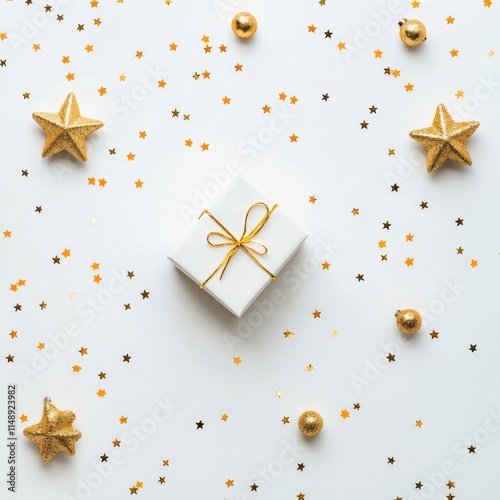 Festive gift setup with gold stars and glitter on a white background for celebration