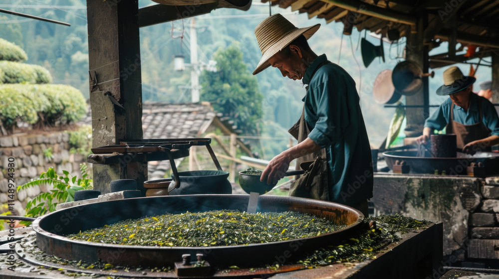 Fototapeta premium Workers operating traditional tea processing machines, blending old-world charm with functionality,