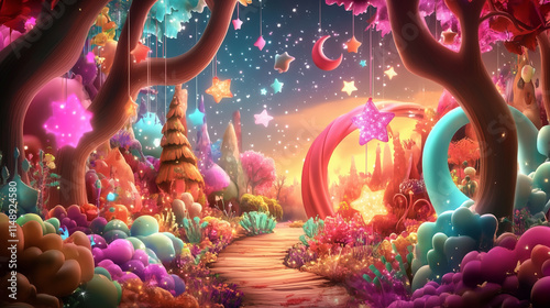 Whimsical Style Illustration of an Enchanted Garden with Glowing Lanterns photo