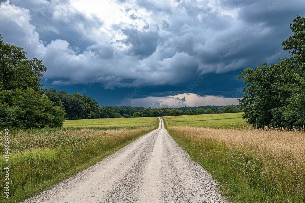 Fototapeta premium dirt path through a field under dark storm clouds