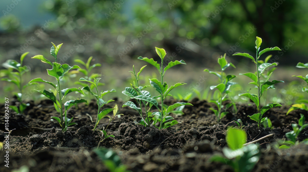 Young tea plants sprouting in a neatly arranged field, symbolizing growth and harmony with nature, Young tea plants sprouting in a neatly arranged field, symbolizing growth and harmony with nature,