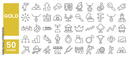 Set of 50 line icons related to gold, bars, mine, ingot, melt, dig, jewel, bullion, value, wealth, Editable stroke. Vector illustration
