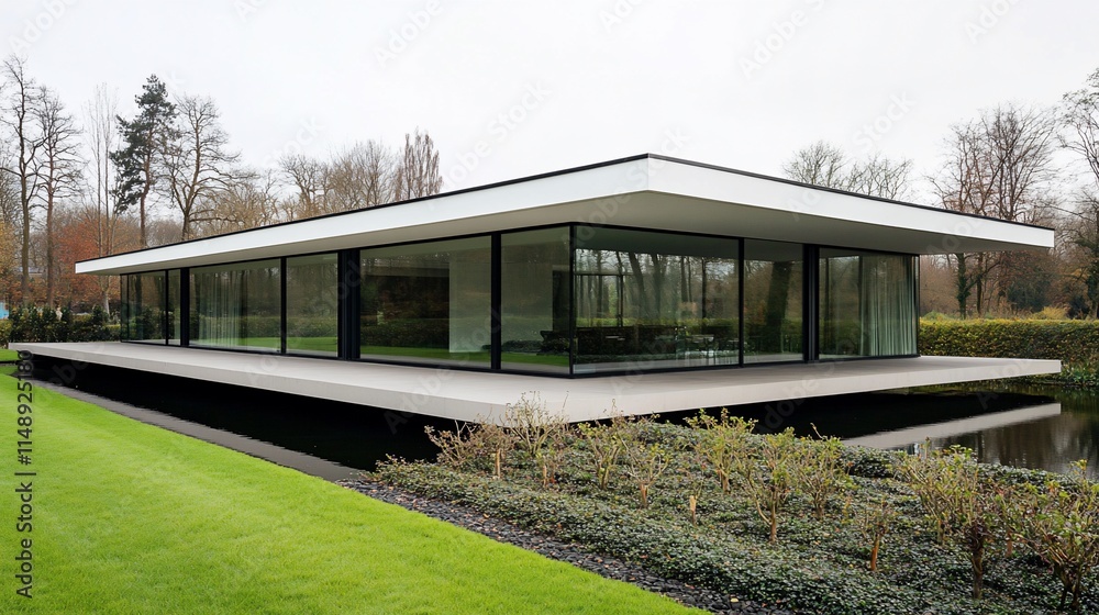 Modern glass house with a flat roof surrounded by greenery and water. Modern glass house with a flat roof surrounded by greenery and water.
