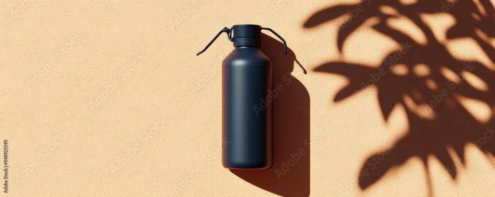 Fototapeta premium sleek black water bottle casting shadow on textured orange wall, showcasing modern design