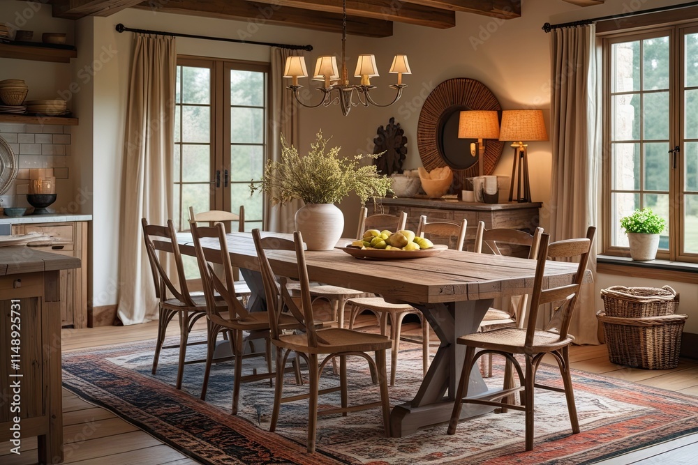 Fototapeta premium Cozy Rustic Dining Table and Chairs for Inviting Home Gatherings
