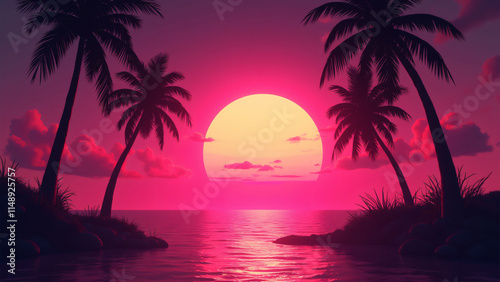 Pink sunset palm trees beach ocean moon.