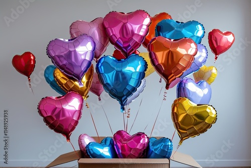 Vibrant Heart Balloons Floating from a Gift Box Perfect for Anniversaries and Special Celebrations photo