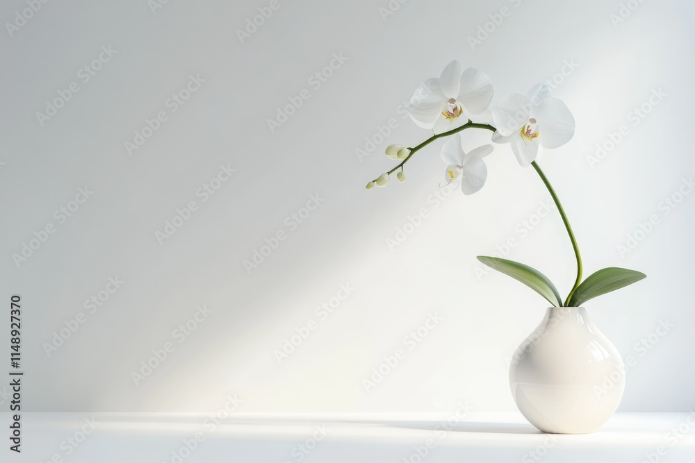 Elegant white orchid in a simple white vase against a minimalist white background. Elegant white orchid in a simple white vase against a minimalist white background.