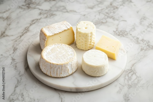 Farmer s cheese variation on a marble board Top view of cheese platter against a light backdrop photo