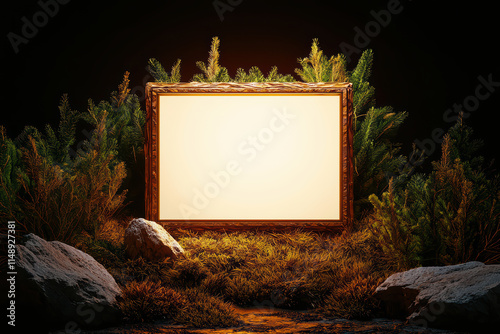 blank advertising screen framed by lush greenery and rocks, creating serene atmosphere photo