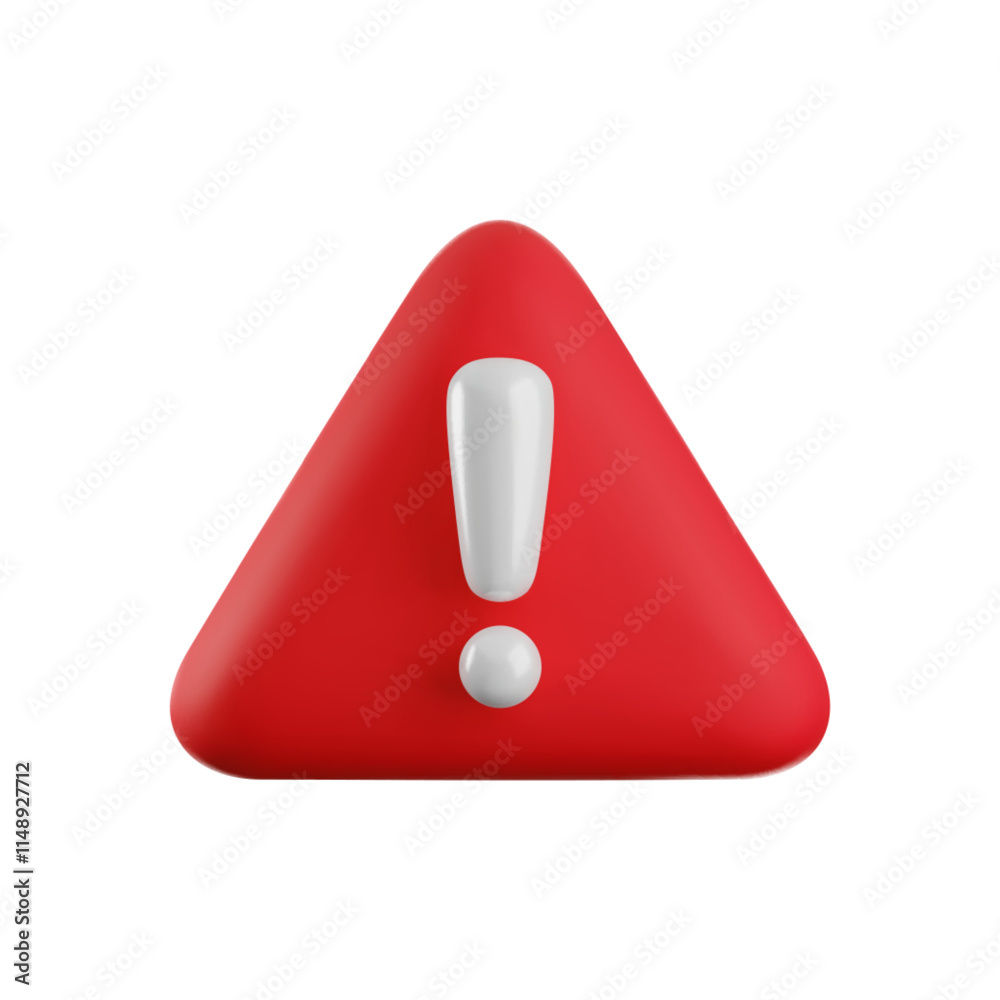 Vector Realistic 3d red triangle shape with white exclamation mark. Cartoon 3d render of warning sign, danger symbol, hazard notification isolated on white background.