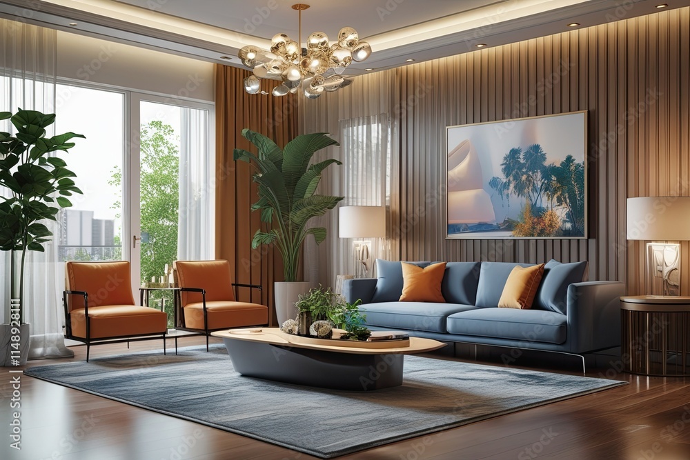 3D Rendering of Living Room Interior with Modern Furniture and Stylish Decor 3D Rendering of Living Room Interior with Modern Furniture and Stylish Decor