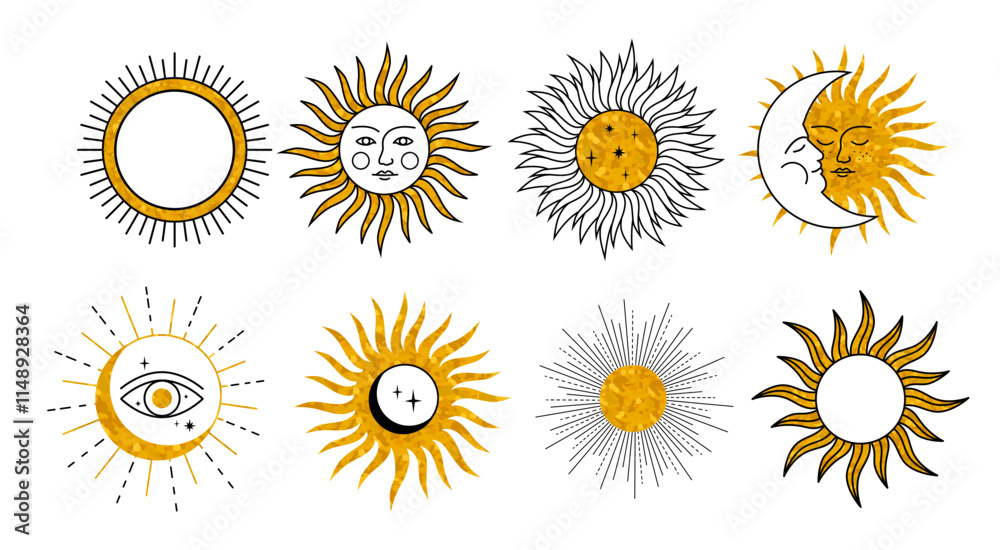 Golden sun icons set. Celestial symbol isolated on a white background. Golden sun icons set. Celestial symbol isolated on a white background.