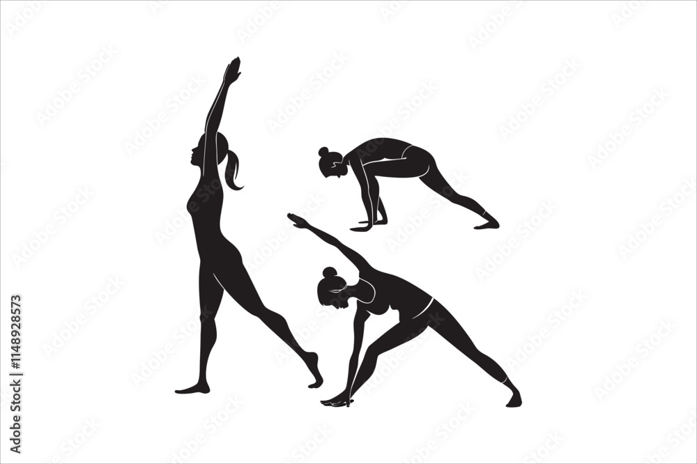 Set of black yoga pose icons, Yoga silhouette illustration. Yoga poses silhouette collection. Vector illustration Set of black yoga pose icons, Yoga silhouette illustration. Yoga poses silhouette collection. Vector illustration