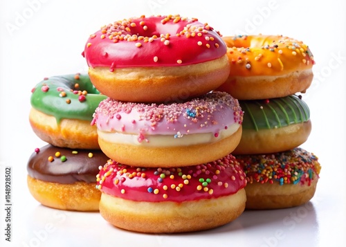 Delicious Assorted Donuts Stacked on White Background - Stock Photo