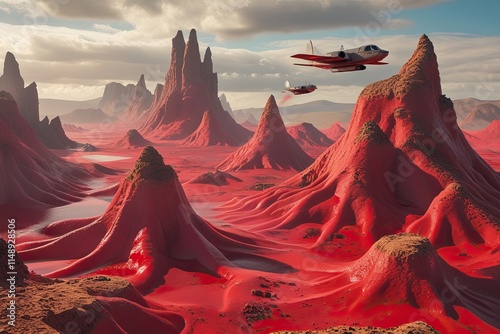 Vivid Portrayal of a Strange Vermilion World with Intricate Pits and Peaks Observed by Low-Flying Vessels in an Imaginative Landscape