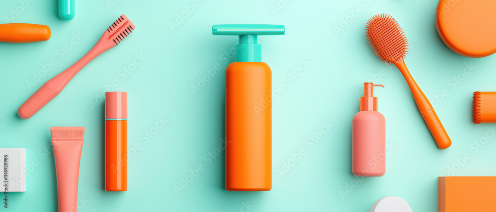 Bright and colorful flat lay of various beauty and personal care products on mint green background, showcasing vibrant packaging and tools Bright and colorful flat lay of various beauty and personal care products on mint green background, showcasing vibrant packaging and tools
