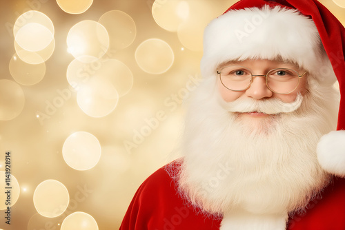 Santa Claus on golden festive background, with copy space