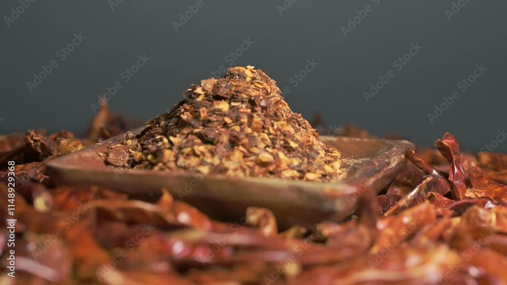 Dried Red Hot Peppers and Flaked Peppers On a Turntable Dried Red Hot Peppers and Flaked Peppers On a Turntable