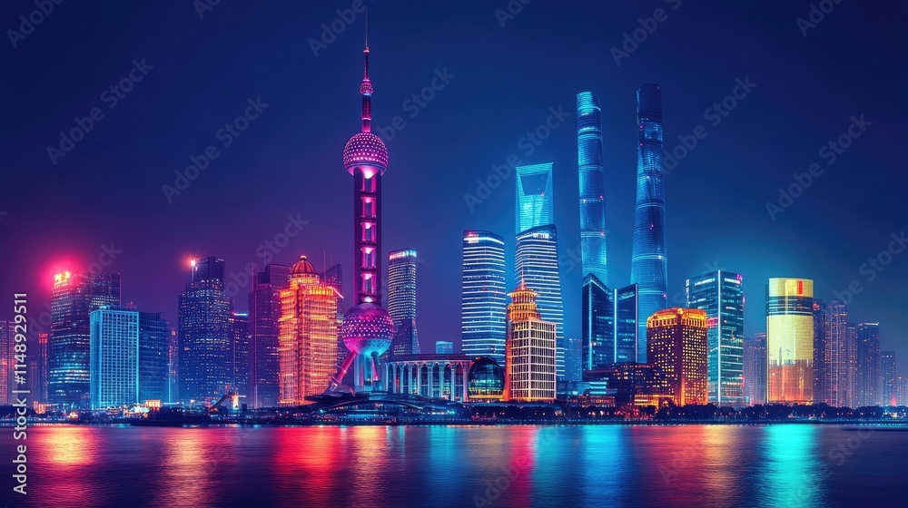 Obraz premium Stunning Night View of Shanghai Skyline with Colorful Lights Reflecting on Water, Showcasing Iconic Landmarks and Modern Architecture in a Vibrant Urban Setting