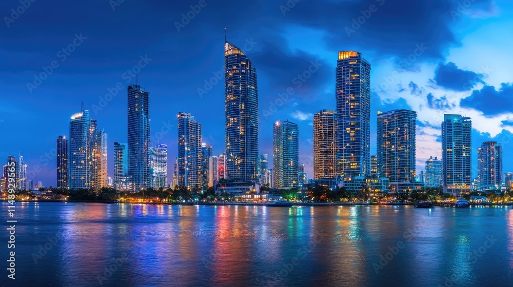 Stunning skyline view of a vibrant city at twilight featuring illuminated skyscrapers, reflecting lights on the water, and a dramatic evening sky filled with clouds. Stunning skyline view of a vibrant city at twilight featuring illuminated skyscrapers, reflecting lights on the water, and a dramatic evening sky filled with clouds.