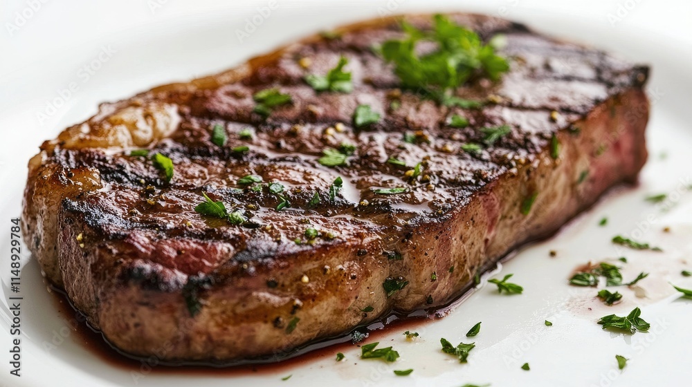 Delicious Grilled Steak with Herb Garnish on White Plate Ready to Serve, Perfect for Food Photography, Culinary Arts, and Gourmet Presentation Ideas