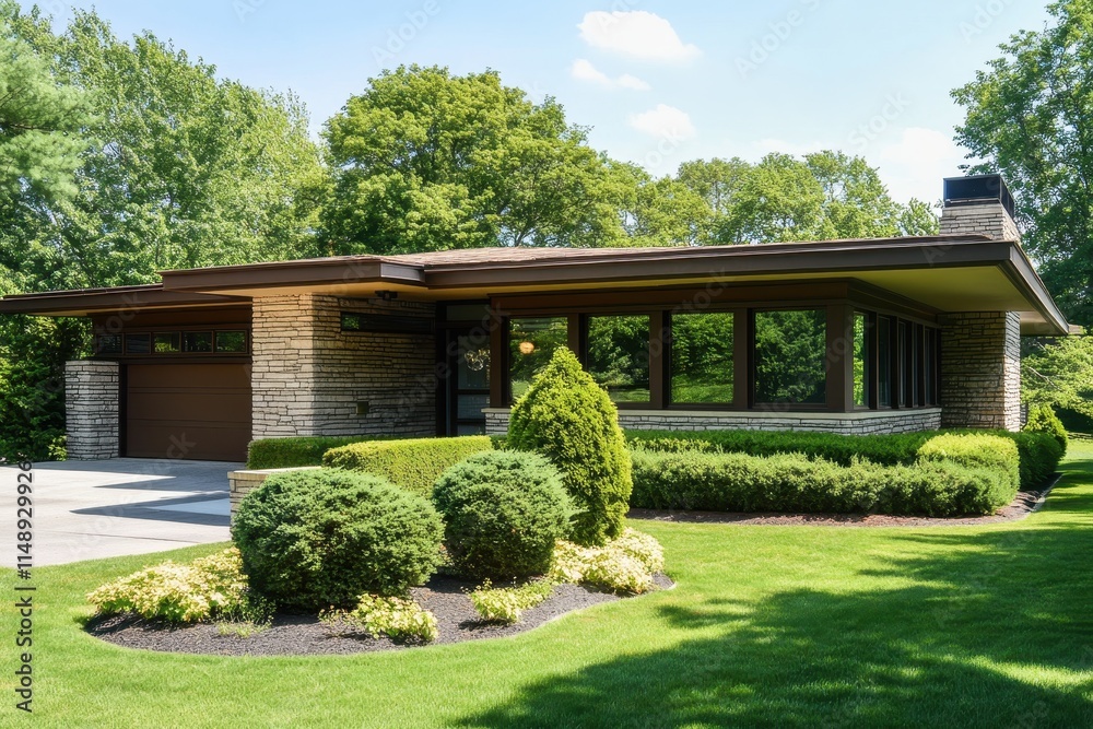 Front of a house featuring bushes brown stone cladding and a garage Front of a house featuring bushes brown stone cladding and a garage