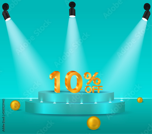 10% off 3D gold. 10% off special offer. podium with blue background. big business, perfect for flyers, banners, ads, stickers.