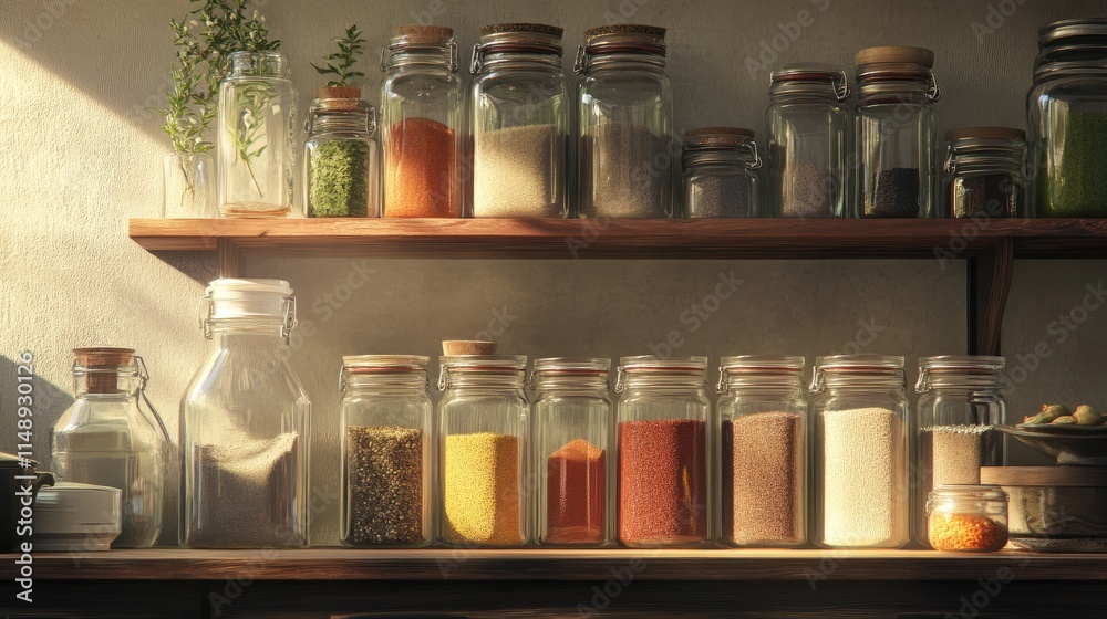 A Quaint Kitchen Shelf Filled with Glass Jars Containing Variety of Colorful Spices, Herbs, and Seasonings Lit by Soft Natural Light for a Cozy Atmosphere