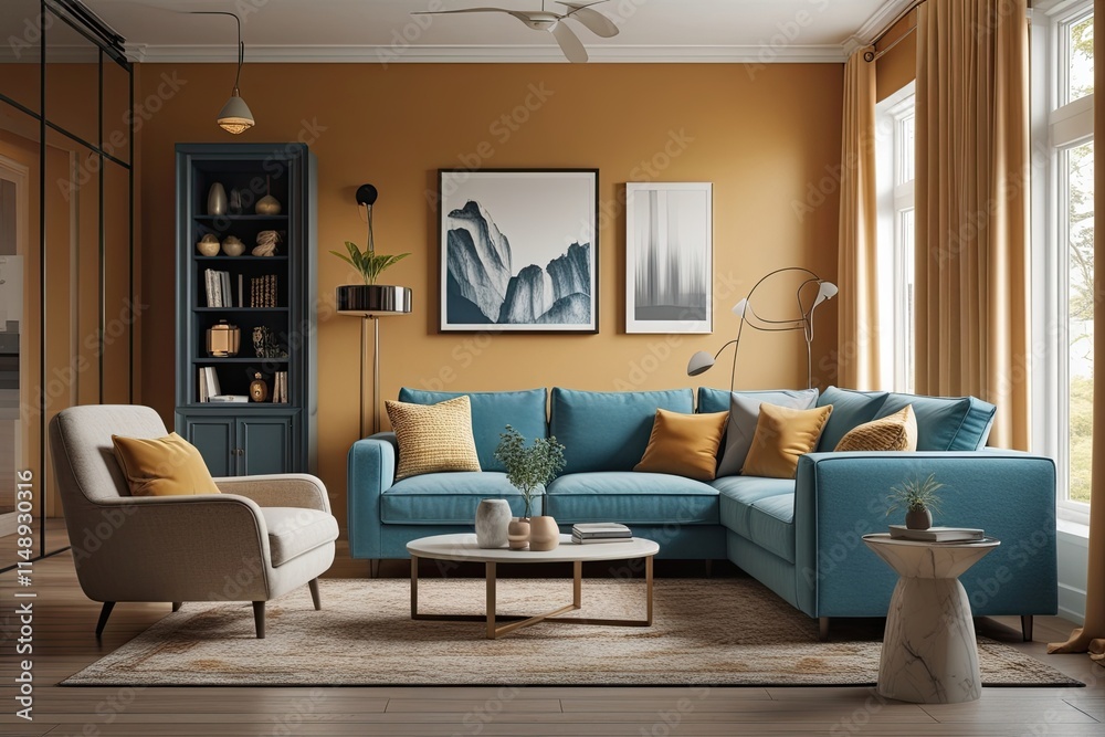 Fototapeta premium Contemporary 3D Visualization of a Cozy Living Room Decor with Sofa and Armchair