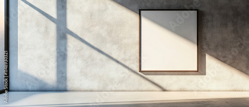 modern interior space featuring blank poster frame on textured wall, illuminated by natural light