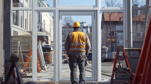 Rear view of a builder observing progress photo