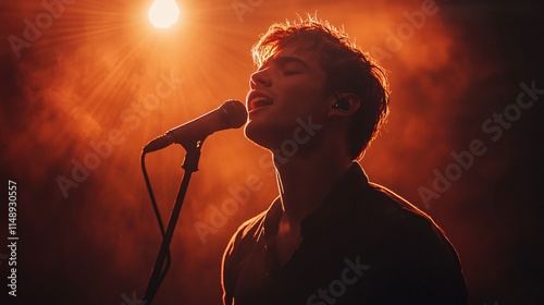 Male vocalist under dramatic orange lighting photo