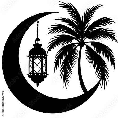 Moonlit Lantern and Palm Tree Silhouette with Starry Nigh