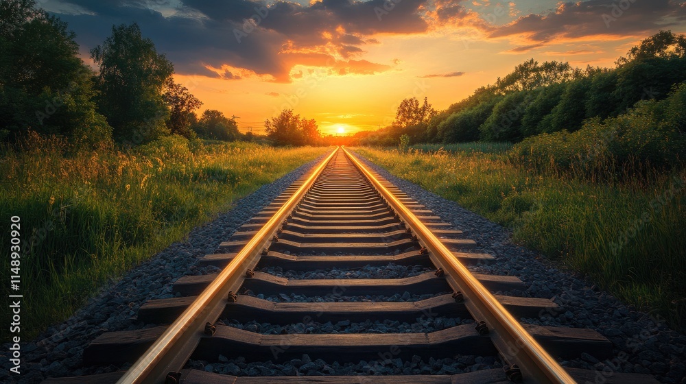 Serene Sunset Over Tranquil Railway Tracks Surrounded by Lush Greenery and Vibrant Sky, Perfect for Nature and Travel Enthusiasts Capturing Scenic Beauty Serene Sunset Over Tranquil Railway Tracks Surrounded by Lush Greenery and Vibrant Sky, Perfect for Nature and Travel Enthusiasts Capturing Scenic Beauty