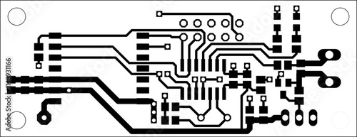 Tracing conductors of printed circuit board
of electronic device. Vector engineering 
drawing of pcb design on white sheet of paper. 
Electric background. Computer technic cad project.
