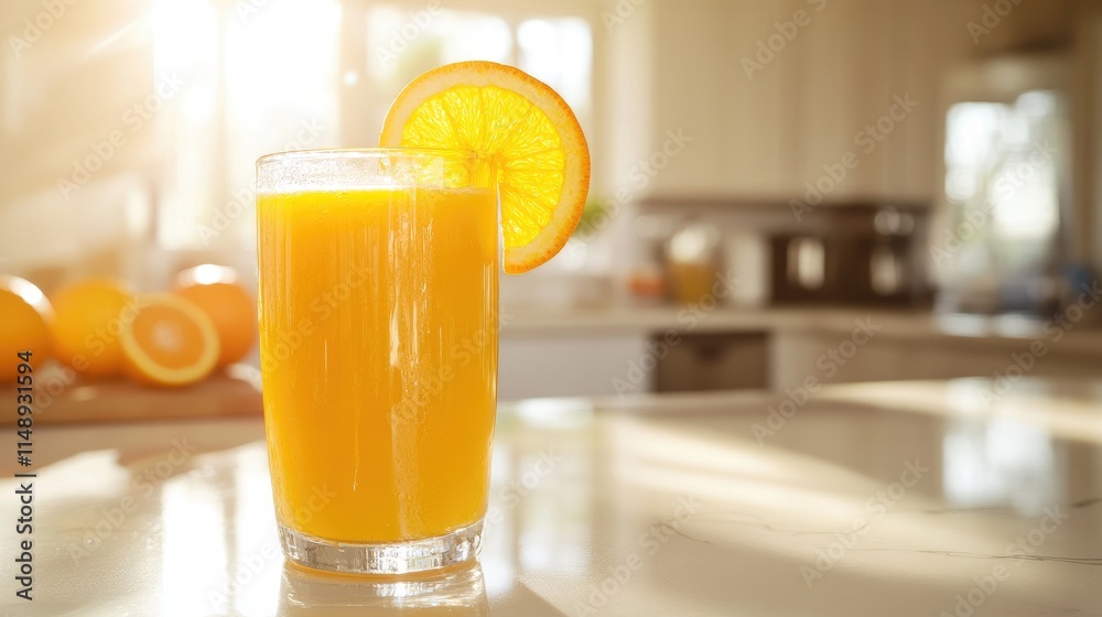 Freshly Squeezed Orange Juice in a Glass with a Slice of Orange, Bright Morning Light in a Modern Kitchen Setting with Oranges on Countertop Freshly Squeezed Orange Juice in a Glass with a Slice of Orange, Bright Morning Light in a Modern Kitchen Setting with Oranges on Countertop