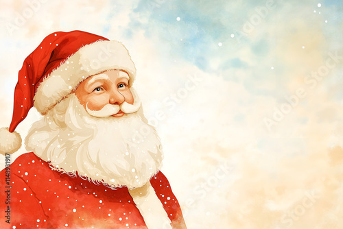 Smiling Santa Claus in red suit and hat, watercolor, with copy space