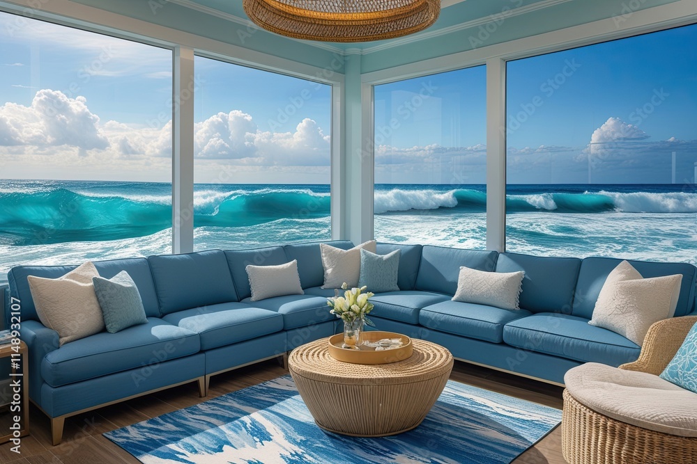 Fototapeta premium Corner Lounge with Ocean Blue Waves and Ample Daylight for a Serene Relaxation Space
