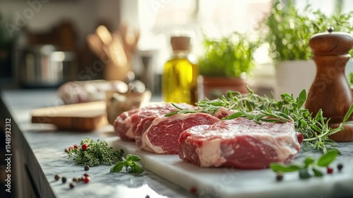 Fresh Cuts of Meat on a Marble Countertop Surrounded by Herbs and Olive Oil in a Bright Kitchen Setting for Culinary Inspiration and Cooking Ideas