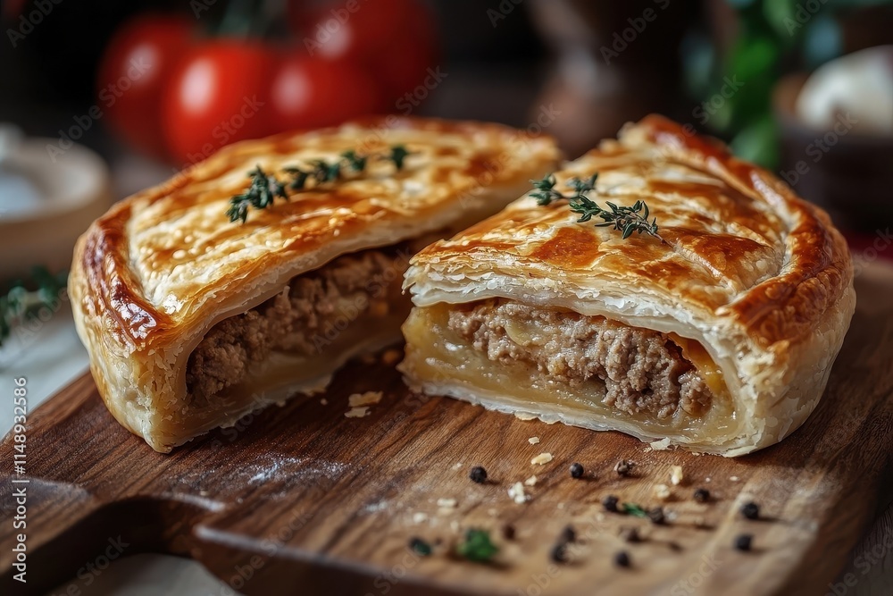 Half of a baked meat pie on a wooden board Half of a baked meat pie on a wooden board