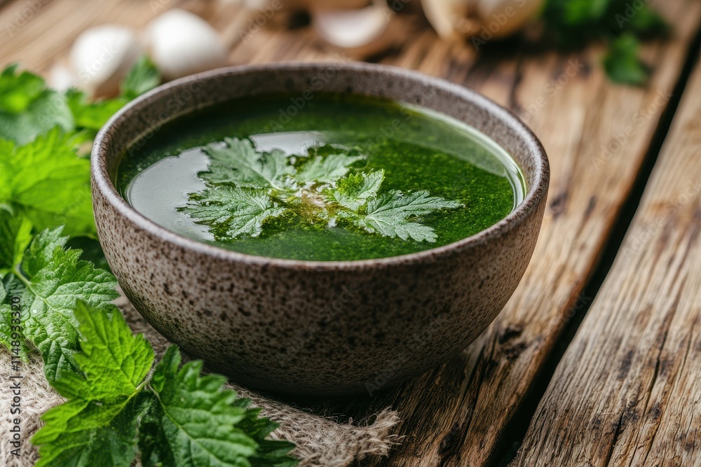 Healthy food idea featuring nettle soup on wood table Healthy food idea featuring nettle soup on wood table