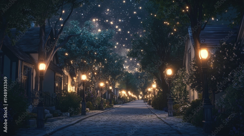 Enchanted Evening Street with Twinkling Lights and Starry Sky, Invoking a Magical Atmosphere in a Serene Neighborhood Setting Enchanted Evening Street with Twinkling Lights and Starry Sky, Invoking a Magical Atmosphere in a Serene Neighborhood Setting